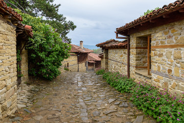 Zheravna, Bulgaria - narrow cobbled road and rustic traditional houses made of stone and wood with bigroot cranesbill (Geranium macrorrhizum) along the stone wall