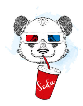 Panda in 3d glasses and a glass of soda. Vector illustration.
