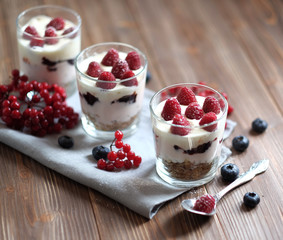 Healthy breakfast with yogurt and granola. Top view. Close up.