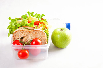 Fresh sandwich and apple for healthy lunch in the plastic lunch box