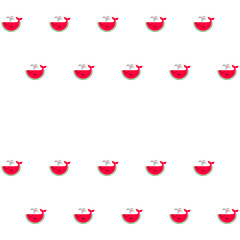 Whale cartoons of juicy watermelon slices vector frame illustration. Isolated red and green water melon fruit whales. Summer pattern design.  Vector watermelon berry dessert ocean animals.
