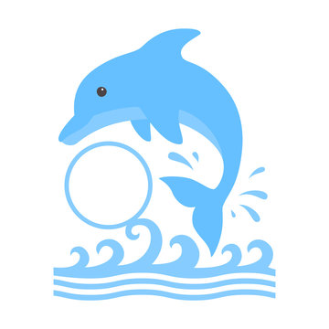 Jumping dolphin and a splash of water. Cute blue dolphin with a circle monogram in cartoon style. Vector illustration for swimming pool brochure or banner. Isolated