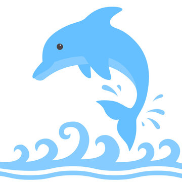 Jumping dolphin and a splash of water. Cute blue dolphin with sea wave in cartoon style. Vector illustration for swimming pool brochure or banner. Isolated