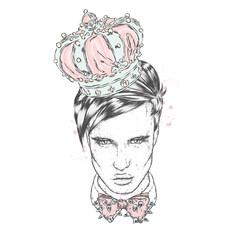 A handsome guy is a flower wreath. Vector illustration. Fashion, style, clothing and accessories.
