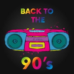 Multicolored cassette tape recorder from the 90's. Vector illustration. Music. The player.