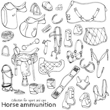 Group of vector illustrations on the theme horse ammunition; set of isolated objects for equestrian sport and care.