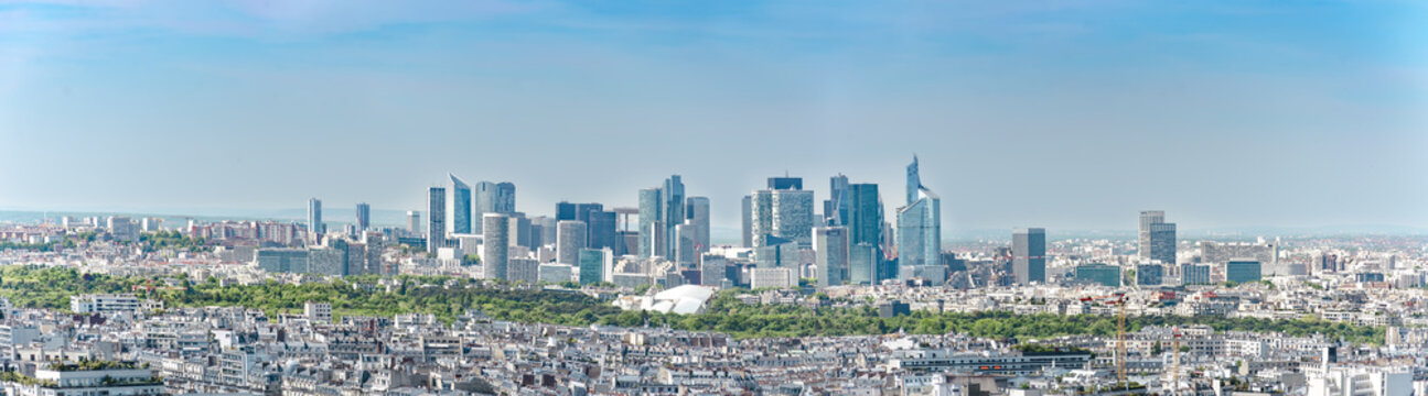 Panoramic aerial view of Le Defence. Le Defense is a; major business district of the Paris aire urbaine