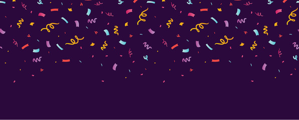 Fun confetti purple horizontal seamless border. Great for a birthday party or an event celebration invitation or decor. Surface pattern design. - obrazy, fototapety, plakaty