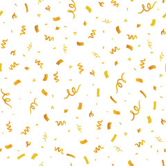 Golden confetti on white seamless repeat pattern. Great for a birthday party or an event celebration invitation decor. Surface pattern design.