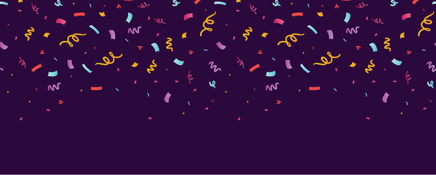 Fun confetti purple horizontal seamless border. Great for a birthday party or an event celebration invitation or decor. Surface pattern design.