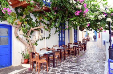 Fototapeta na wymiar A street view from Plaka village in Milos Island, Greece