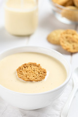Homemade traditional Danish cold buttermilk koldskal dessert soup with crisp kammerjunkere cookie on top (Selective Focus, Focus on the front of the cookie)