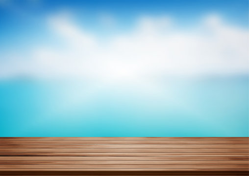 Vector wood shelf table with blurred sea beach on clouds blue sky background. product display template design