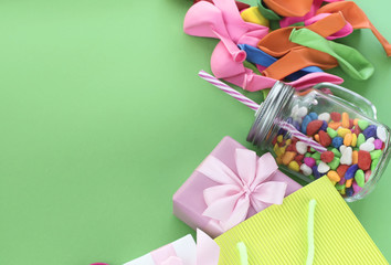Festive composition set of gift boxes with balls candy cocktail materials.