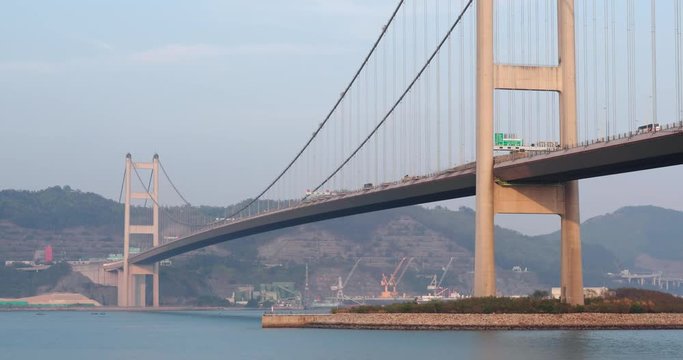 Tsing Ma bridge in Hong Kong at sunset