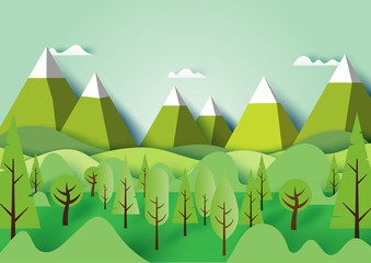 Nature landscape and mountains background.Paper art style vector illustration.