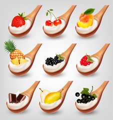 Big collection of fruit and yogurt in spoon. Strawberry, blueberry, coconut, peach, pear, orange, banana, mango.