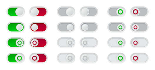 On and Off switch button set. Red and green toggle icon for ui design.