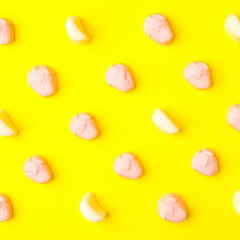 Trendy bright photo, Modern flat lay photo pattern in pop art style, party food. Chewing marmalade or chewing gum on a yellow background. Isolated