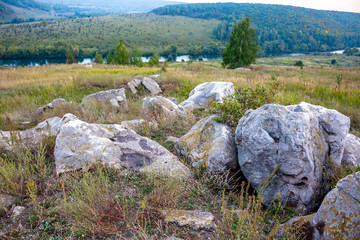 Sacred stones in the area of the village of Krasnogorye. The nature monument Witches stones. The valley of the Krasivaya Mecha River. Tula region, Russia
