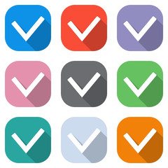Check mark icon. Set of white icons on colored squares for applications. Seamless and pattern for poster