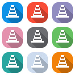 Cone Icon. Set of white icons on colored squares for applications. Seamless and pattern for poster