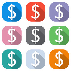 Dollars sign and USD symbol icon. Set of white icons on colored squares for applications. Seamless and pattern for poster