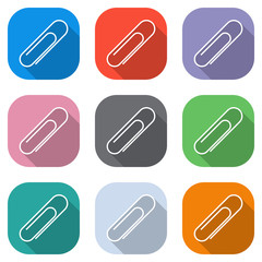 Paper clip icon. Set of white icons on colored squares for applications. Seamless and pattern for poster