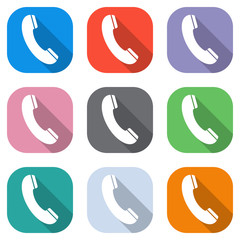 Telephone receiver icon. Set of white icons on colored squares for applications. Seamless and pattern for poster