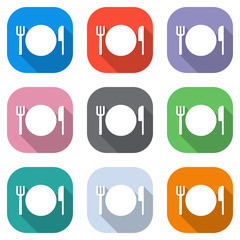 cutlery. plate fork and knife icon. Set of white icons on colored squares for applications. Seamless and pattern for poster