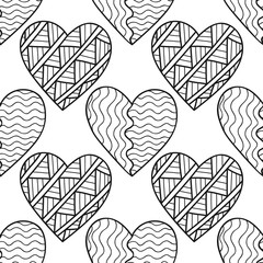 Fototapeta premium Hearts. Black and white decorative seamless pattern for coloring book. Romantic, lovely background.