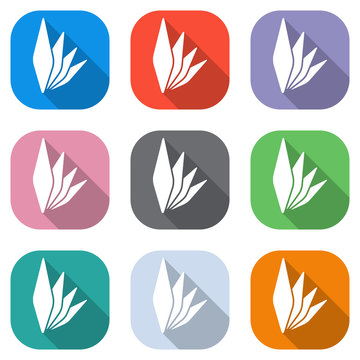 leaf bamboo. simple silhouette. Set of white icons on colored squares for applications. Seamless and pattern for poster