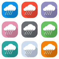 rain, weather icon. Set of white icons on colored squares for applications. Seamless and pattern for poster