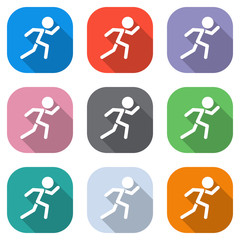 Fototapeta na wymiar running man. simple icon. Set of white icons on colored squares for applications. Seamless and pattern for poster