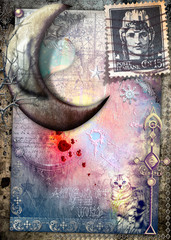 Obraz na płótnie Canvas Luna delle fiabe su sfondo vecchia maniera, gatto misterioso e vecchi francobolli