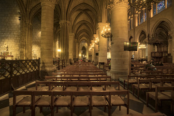 Paris, France- circa May, 2017: Interior view of Notre-Dame Cathedral, one of finest examples of French Gothic architecture in Paris. Construction began in the year 1163 and was completed in the 1345