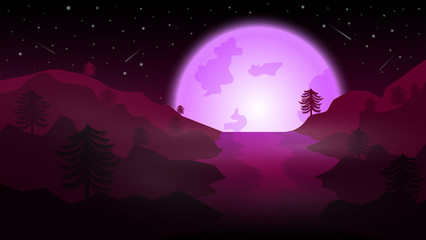 lake with purple full moon;pine grow on mountain;beautiful night landscape vector design;night of full moon with purple light;misty night landscape;fog on lake
