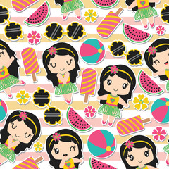 Seamless pattern of aloha girl and summer elements on striped background vector cartoon illustration for kid wrapping paper, kid fabric clothes, and wallpaper