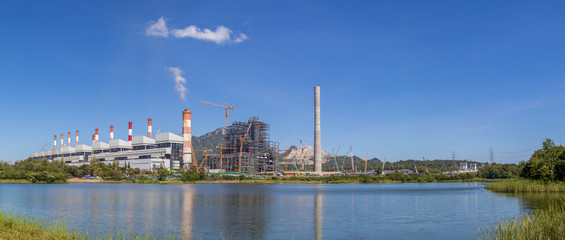 Panorama of Industrial power plant with smokestack,Mea Moh, Lampang, Thailand.