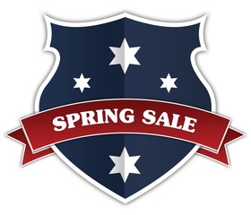 Blue shield and red ribbon with SPRING SALE text.