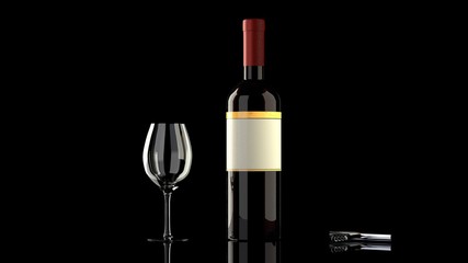 Red wine bottle, glass, black background -  blank empty label to put your own logo,  twist and pull opener on a glossy reflective black table, isolated, black background 