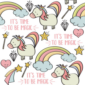 doodle seamless pattern with unicorns and other fantasy magical elements