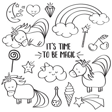 Doodle items collection with unicorns and other fantasy magical elements. For coloring.
