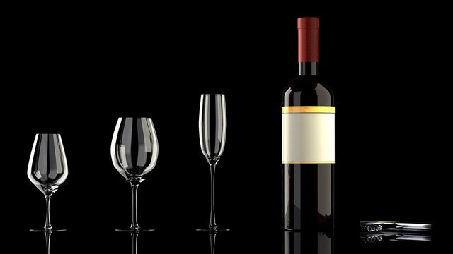One bottle of red wine with an elegant blank empty label to put your own logo, 3 different wine glasses and a wine bottle opener on a glassy reflective black table, isolated, black background 