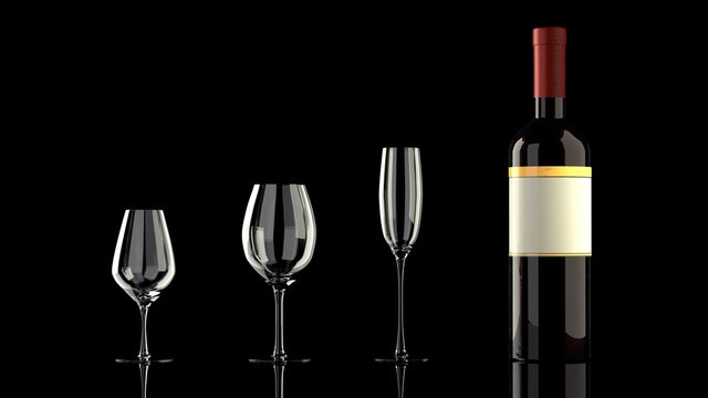 One bottle of red wine with an elegant blank empty label to put your own logo, 3 different wine glasses on a glassy reflective black table, isolated, black background 