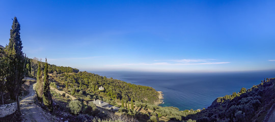 Panoramic view from Orthodox monastery at Mount Athos, Agion Oros (Holy Mountain), Chalkidiki, Greece
