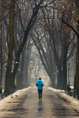 Fototapeta premium Man running along path surrounded by trees, in winter, using blue sports jacket, Krakow, Poland