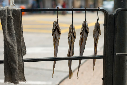 Hanging dried fish on the streets of Hong Kong, Asia