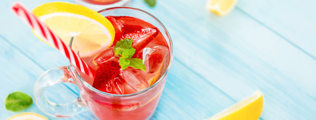 Colorful refreshing strawberry lemonade juice drinks for summer