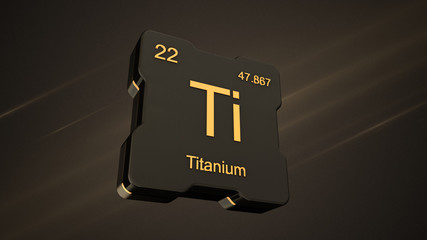 Titanium element symbol number 22 from the periodic table on futuristic black icon and nice lens flare on noisy dark background - 3D render